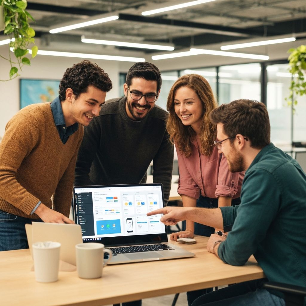 Equipo de desarrollo trabajando en soluciones tecnologicas